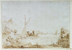 沿岸の情景、1770〜80年頃（ペンと茶色、紙に黒いチョークで洗う） 作： Francesco Guardi