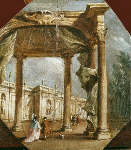 優雅なカップルと犬のいる愚行のカプリッチョ（油彩・パネル） 作： Francesco Guardi