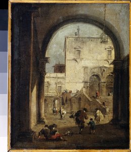 ベネチアン カプリッチョ: 広場と宮殿の眺め フランチェスコ ガルディ (1712-1793) による絵画 1775-1780 日。 27x23 cm エルミタージュ美術館、サンクトペテルブルク 作： Francesco Guardi