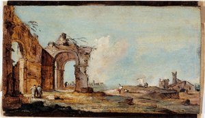 廃墟のアーチと漁師の家が並ぶカプリス 作： Francesco Guardi
