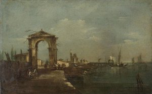 岸壁と湖の船のある風景 作： Francesco Guardi