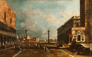 フランチェスコ・グアルディ（1712-1793）によるヴェネツィアのサンジョルジョに向かう小さなサンマルコ広場、キャンバスに油彩、45x72 cm