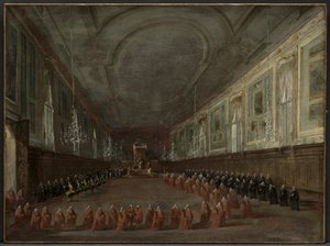 教皇ピウス6世が王座を降りてホールの総督を去る...、c。 1783年。 作： Francesco Guardi