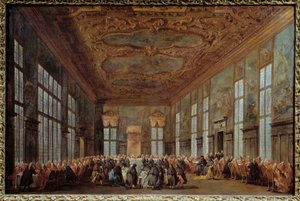 ヴェネツィア総督アルヴィーゼ4世モシネゴ（1701-1778）が大使に朝食を提供している様子 フランチェスコ・グアルディ（1712-1793）の絵画 18世紀 日。0,67x1,01 m ナント、美術博物館 作： Francesco Guardi