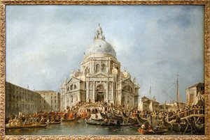 ヴェネツィア総督はヴェネツィアのサルーテへ 毎年11月21日に総督は、1630年のペストの終息に感謝して改築されたサンタ・マリア・デッラ・サルーテ聖堂に行き、この寛大さを聖母に感謝するために、船橋を 作： Francesco Guardi