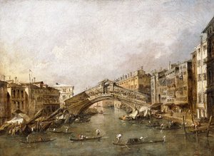 ゴンドラが手前にあるベニスのリアルト橋 作： Francesco Guardi