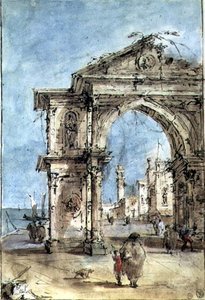堤防上の凱旋門（ペンと茶色のインク、ウォッシュ、水彩、白で盛る） 作： Francesco Guardi