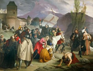 十字架を手に白いラバに乗り、十字軍を説いて街や村を回るペテロ隠者 作： Francesco Hayez