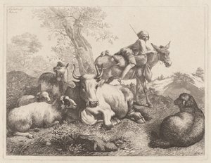 動物の群れを見守るロバに乗った少年、1763年。 作： Francesco Londonio