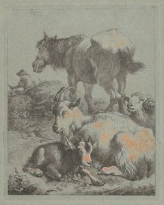 馬、雄羊、子供を連れた山羊、遠くには群れを連れた羊飼い 1759年 作： Francesco Londonio