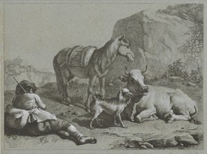 横たわる羊飼いと馬、牛、犬 シェパード シーンズ (シリーズ タイトル) 作： Francesco Londonio