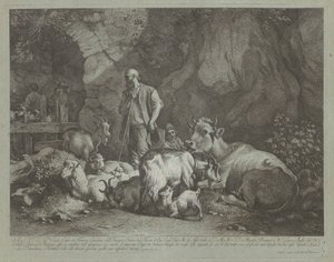 1766年以降の年老いた頭の禿げた羊飼い、座っている羊飼いの少年と群れ。 作： Francesco Londonio