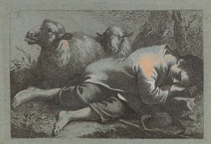 2 匹の羊の近くで眠っている農民の少年 作： Francesco Londonio