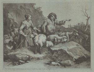 1765年以降の、袋と2人の羊飼いを持つ農民の男性.