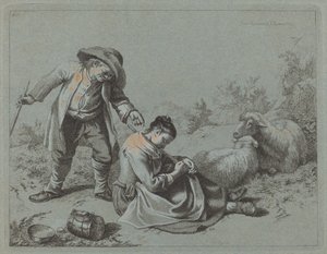 眠っている少女を小枝でからかう農民、1763年。
