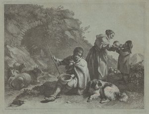 座っている羊飼いの少年と女性が子供に飲み物を与えている、17591782。 作： Francesco Londonio
