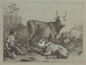 雄牛と雄牛と一緒に座っている羊飼い、1763年。