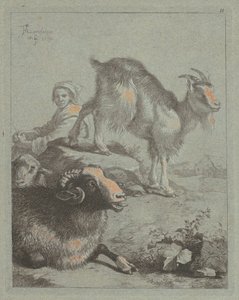 座っている羊飼い、雄羊、羊、ヤギ 作： Francesco Londonio