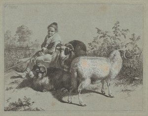 3頭の雄羊と座っている羊飼い、1762年。 作： Francesco Londonio