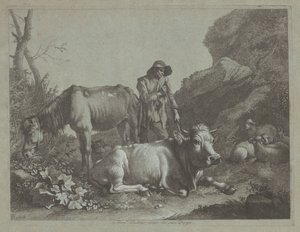 1767年以降、古い馬とリクライニングする雄牛と一緒にステッキで休む羊飼い。