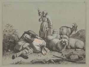 眠る農民と立つ紡績工、1763年。 作： Francesco Londonio