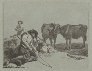 眠る羊飼い、2 頭の子牛、農民の女性 作： Francesco Londonio