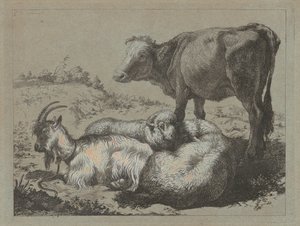 立っている牛、2頭の羊、1頭のヤギ、c。 1762年。 作： Francesco Londonio