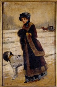 犬を連れた若い女性 毛皮に袖を通した若いブルジョアフランシスコ・ミラレス・ガルプ（1848-1901）の絵画 19世紀 個人蔵