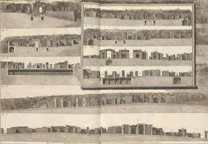 Pom...、1804 年の平面図に示されている建物のさまざまな側面を示す断面図。 作： Francesco Piranesi