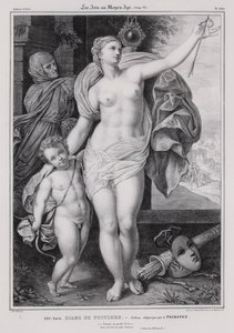 フランス王アンリ2世の愛人、ダイアン・ド・ポワチエのアレゴリー画（リトグラフ 作： Francesco Primaticcio