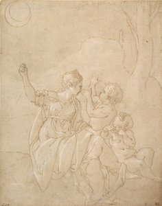 古典的な女性像ダイアナまたはヴィーナスと 2 人の幼児、ca. 1539-42。 作： Francesco Primaticcio