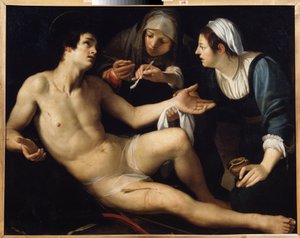 Saint Sebastian（聖セバスチャン）。 彼は若い未亡人、セント・アイリーンによって傷から世話をされています。 Francesco Rustici (1575-1626 年頃) による絵画。 キャンバスに油彩、119 x 148 cm。 イタリアのマニエリスム、シエナの芸術。 国立美術館、エカテリンブルグ。 作： Francesco Rustici