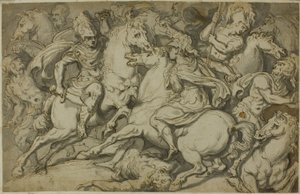 騎兵隊の小競り合い（レクト）、ひざまずくエコルシェ（裏面） 作： Francesco Salviati