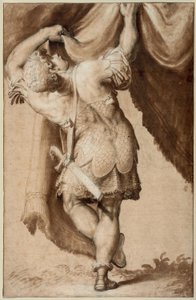 後ろから見た若き戦士、カーテンを開ける 作： Francesco Salviati
