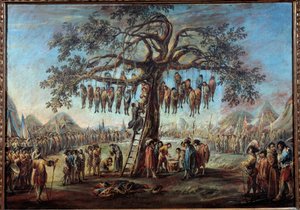 The hanged tree 囚人たちが木の枝にぶら下がって拷問を受けるという不気味な光景。ジャック・カロ（1592-1635）の「戦争の悲惨さ」シリーズの版画にヒントを得て描いたものです。フランチェスコ・シモニーニ（Francesco Simonini）による絵画 作： Francesco Simonini