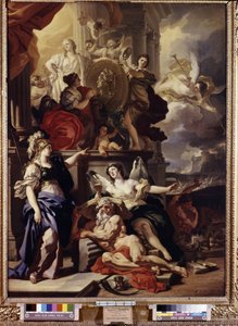 治世の寓話。 中央のメダリオンは、ロシアの女王エカテリーナ 2 世 (1729-1796) の顔を表しています。 Francesco Solimena (1657-1747) の絵画。 キャンバスに油彩 作： Francesco Solimena