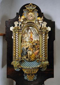 フランチェスコ・ソリメーナ(1657-1747)の「マギの礼拝」の絵を中央に描いたマジョリカ製の大型聖水盤 イタリア 20世紀 作： Francesco Solimena