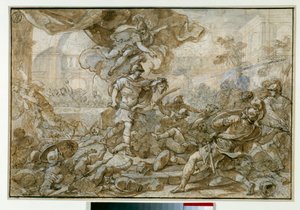神話：「「メデュースの頭の武器が石のフィニアスと彼の兵士に変わるのを見る」」フランチェスコ・ソリメナによるドローイングdit l "Abbate Ciccio ou l" Abbe Ciccio 作： Francesco Solimena