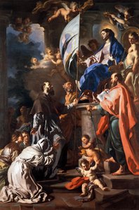 聖母から聖墳墓の旗を受け取る聖ボナヴェンチャー、フランチェスコ・ソリメーナ（1657-1747）作、イタリア・カンパニア州アヴェルサのサン・パオロ大聖堂 作： Francesco Solimena