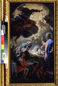 ジョセフの死（ジョセフの死）。 聖三位一体の表現：イエス・キリスト、神、そして聖霊（聖霊）の鳩。 Francesco Trevisani (1656-1746) の絵画。 キャンバスに油彩、69.5 x 39.5 cm