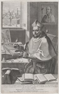 ロベルト・ベッラルミーノ枢機卿が机に向かって書き物をしている、1604 年。 作： Francesco Villamena