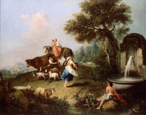 噴水、人物、動物のいる風景 作： Francesco Zuccarelli