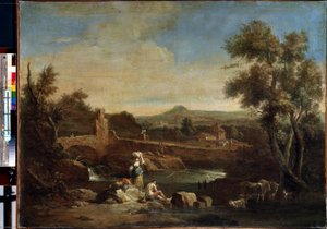 川のある風景。 Francesco Zuccarelli (1702-1788) の絵画。 キャンバスに油彩、81.5 x 119 cm。 18世紀のヴェネツィア美術. エルミタージュ美術館、サンクトペテルブルク。 作： Francesco Zuccarelli