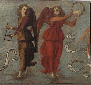 タンバリンと三角形を演奏する天使、1475-97年（パネル上のテンペラ）（64871の詳細、64872と64874も参照） 作： Francesco attr. to Botticini