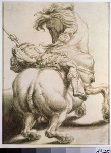 槍で貫かれたライダー。 フランチェスコ・デ・ロッシ (1510-1563) の素描。 紙にグリザイユ、20 x 15 cm 作： Francesco de Rossi Salviati