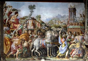 将軍でありローマの政治家であったマルクス・フリウス・カミルスの勝利（フレスコ画 作： Francesco de Rossi Salviati