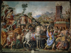 マーカス・フリウス・カミルスの勝利（紀元前447-365年）、サラ・デル・ウディエンツァ、1545年（修復前）（177350も参照） 作： Francesco de Rossi Salviati Cecchino