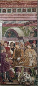 4月のアレゴリー、スココラに報いるボルソ・デステ（1413-1471）の詳細-フランチェスコ・デル・コッサ（1436年頃-1478年頃）によるフレスコ画 フェラーラ（Ferrara）パラッツォ・スキファノイア、サローネ・デイ・メシ（Salone dei Mesi 作： Francesco del Cossa