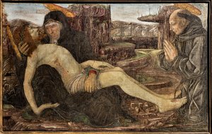 フランチェスコ・デル・コッサ作、聖フランシスコの姿で描かれたクライアントとの嘆き 作： Francesco del Cossa