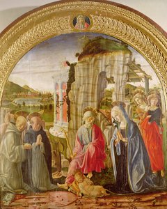 聖アンブローズと聖バーナードによる子供の崇拝（パネルに油彩） 作： Francesco di Giorgio Martini